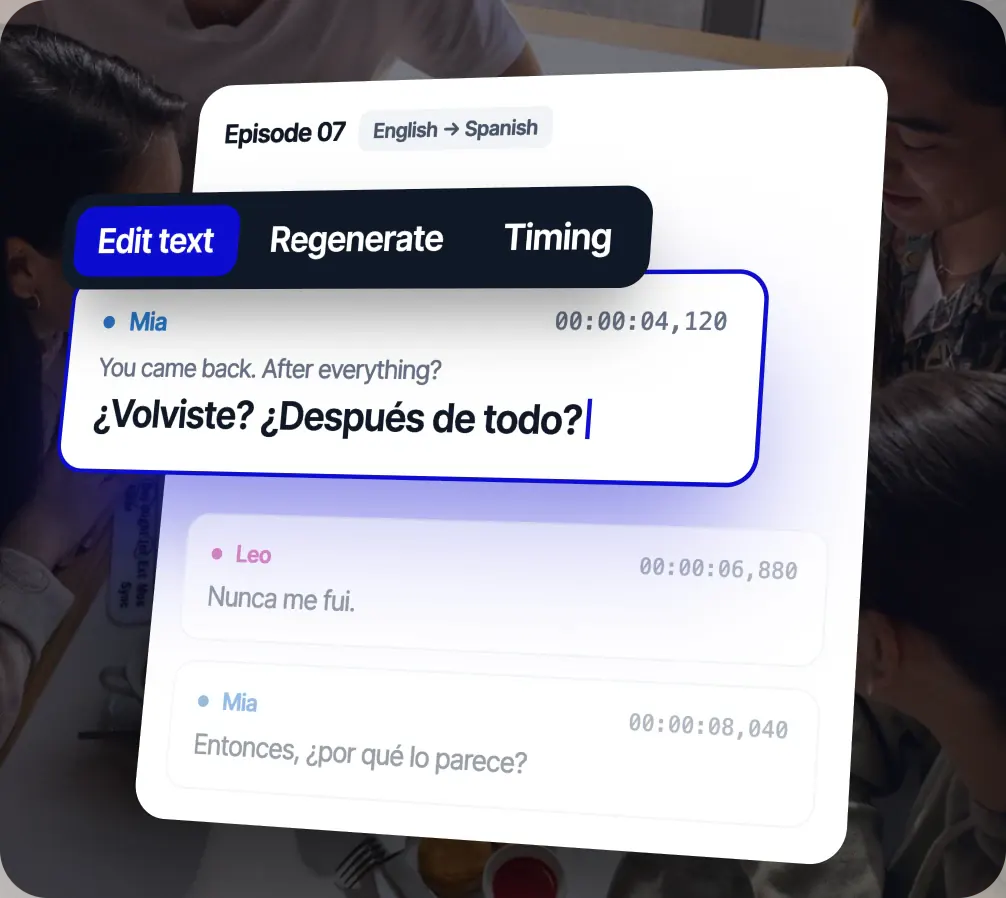 Editor řádků Rask pro epizodu 07 (z angličtiny do španělštiny): probíhá úprava řádku postavy Mia s možnostmi úpravy textu, přegenerování a změny časování