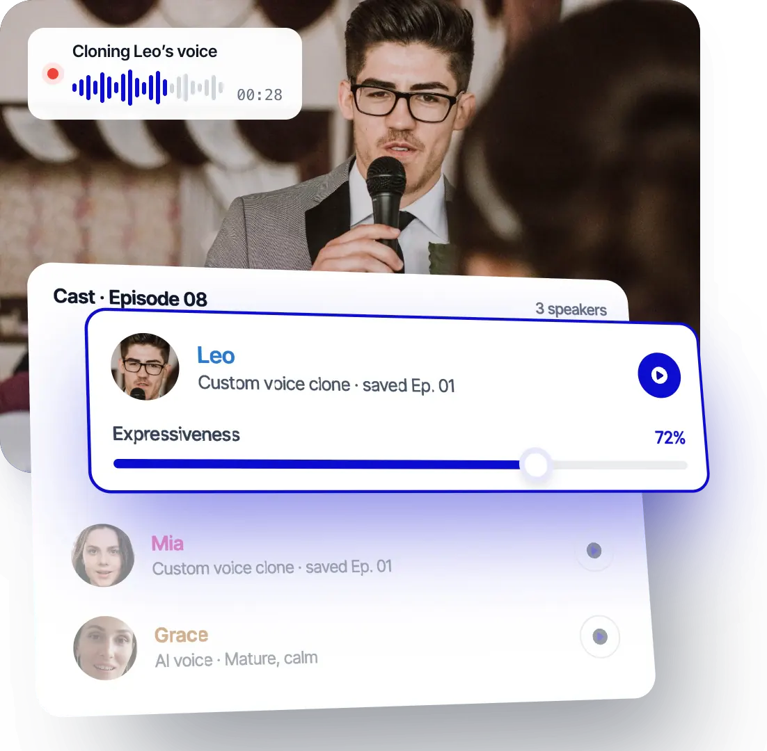 Klonování Leova hlasu v aplikaci Rask a obsazení 8. epizody: Leo a Mia s vlastními hlasovými klony uloženými z 1. epizody, Grace s hlasem vytvořeným pomocí KI a posuvníkem výraznosti nastaveným na 72 %